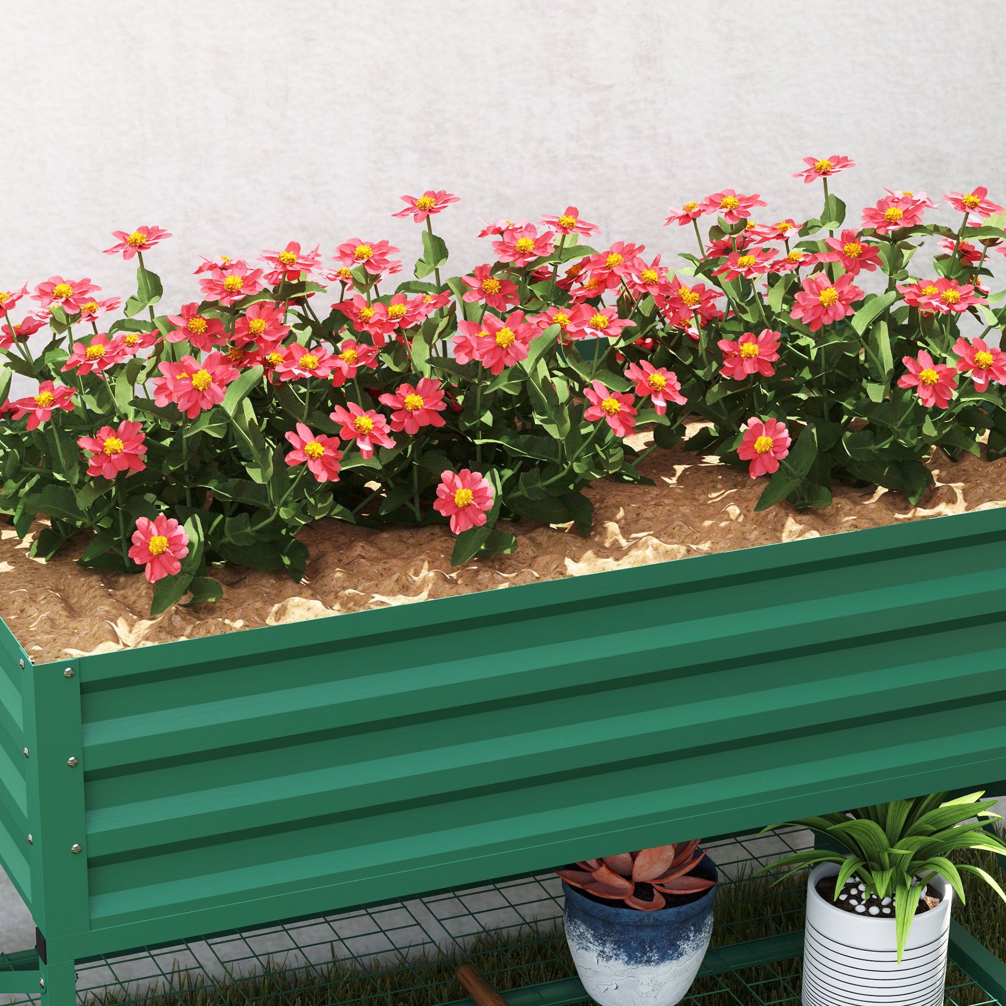 Galvanized Raised Garden Bed with Legs - Metal Planter Box with Storage Shelf - Green