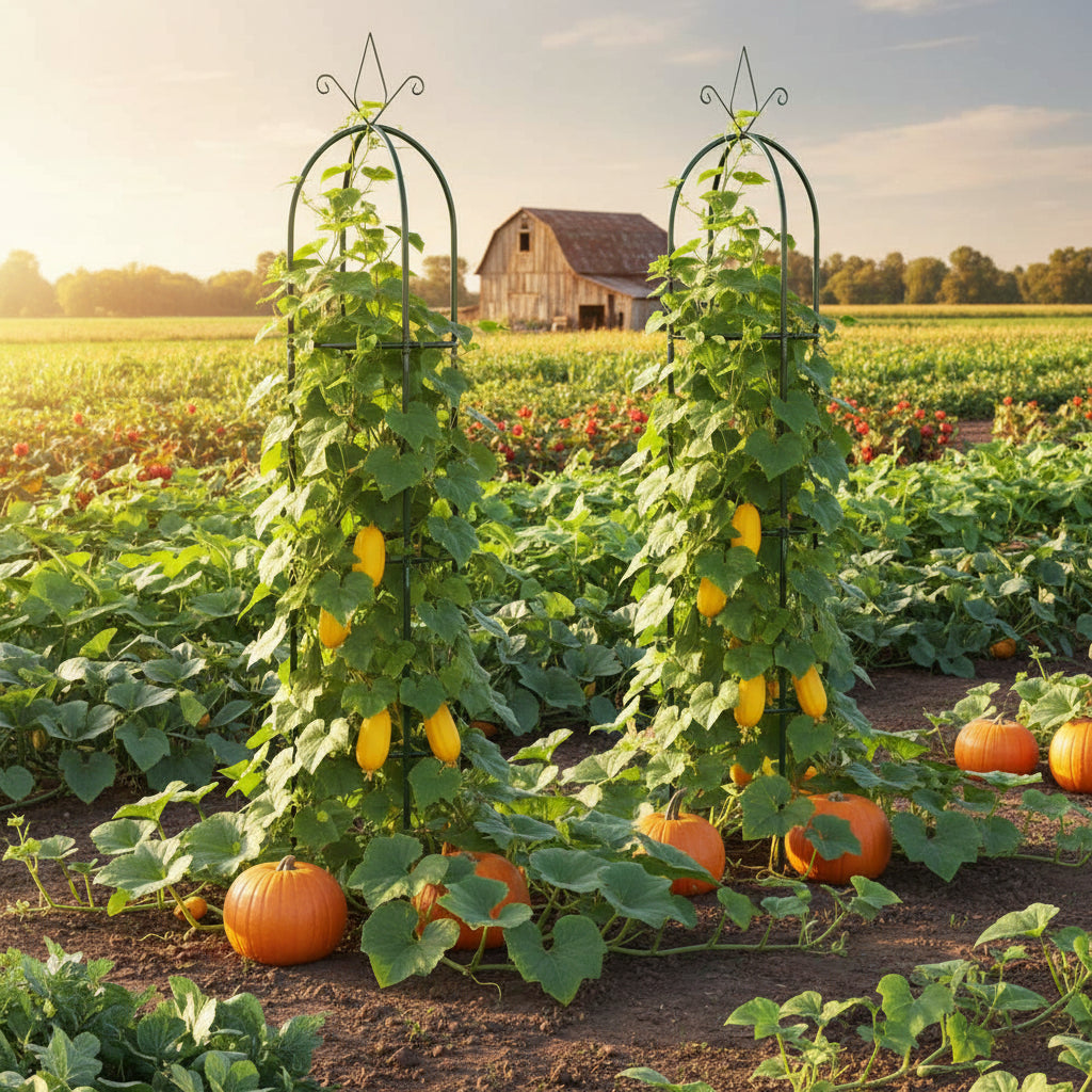 Decorative garden arch with cucumber and ponkings climbing plants on a farm