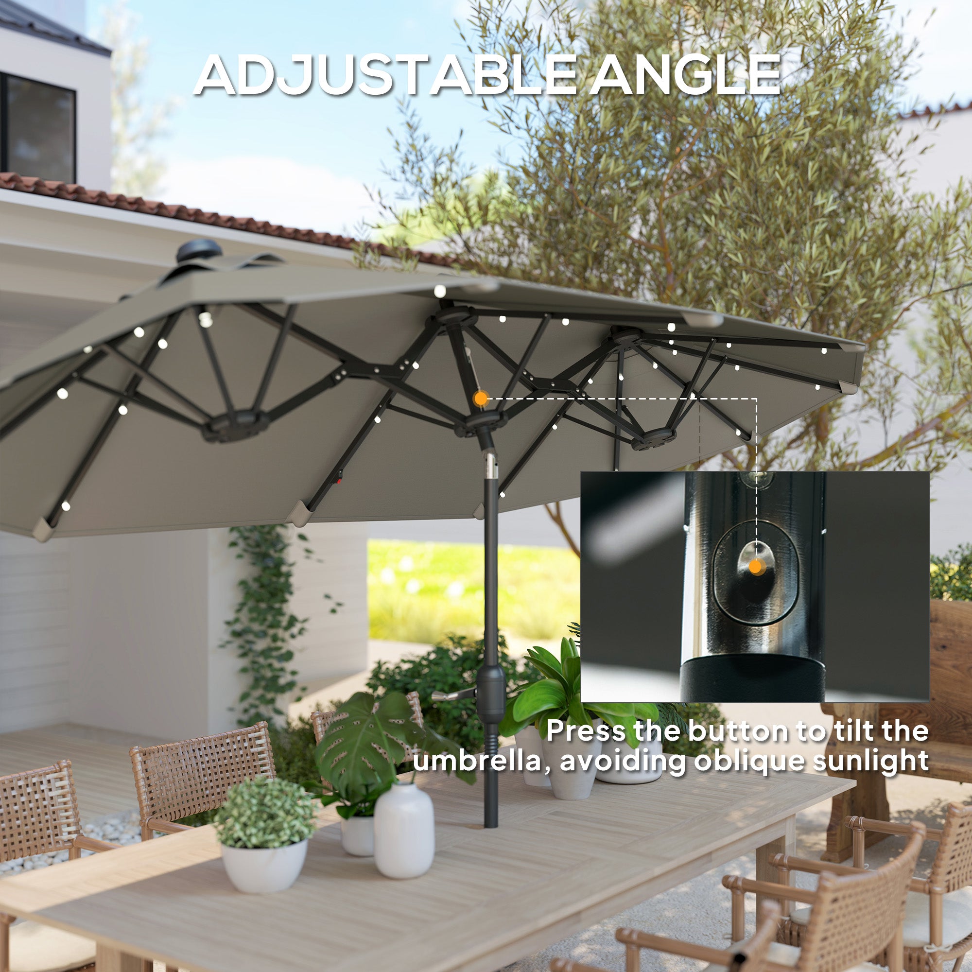 Double-Sided Patio Umbrella with Solar Lights & Base - 15ft Outdoor Market Umbrella, Gray