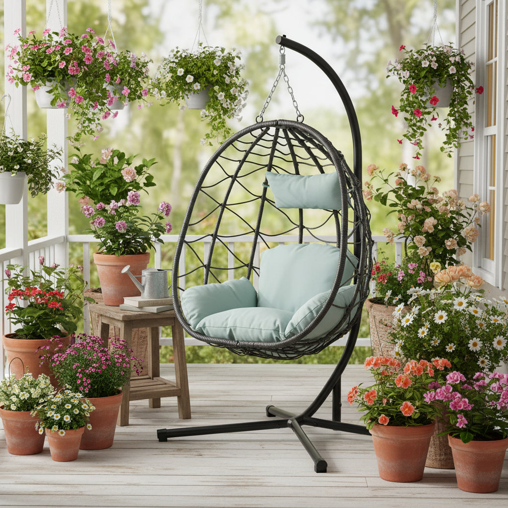 Hanging egg chair with light blue cushions on porch background 