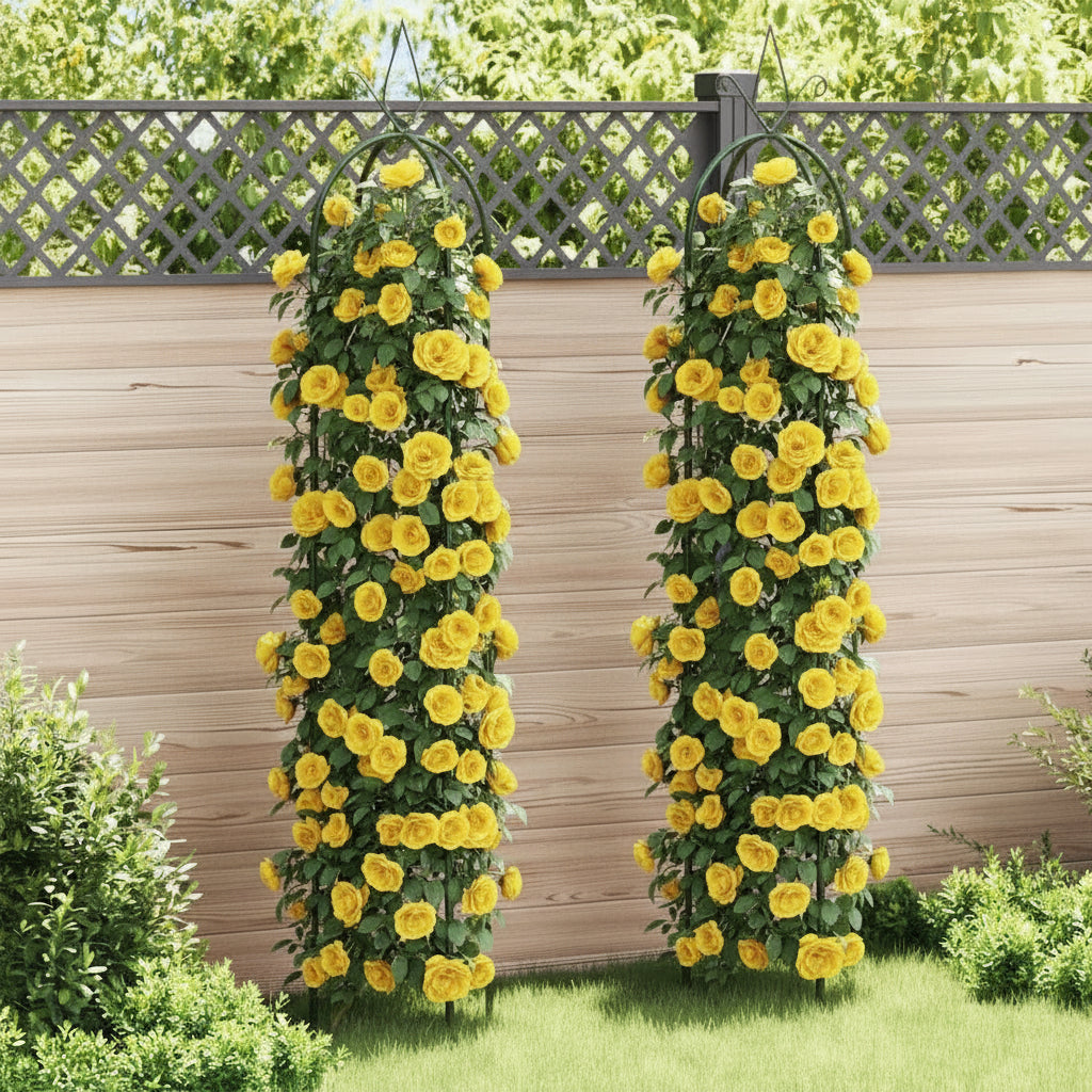 Decorative garden arch with yellow roses  climbing plants against a wooden fence.