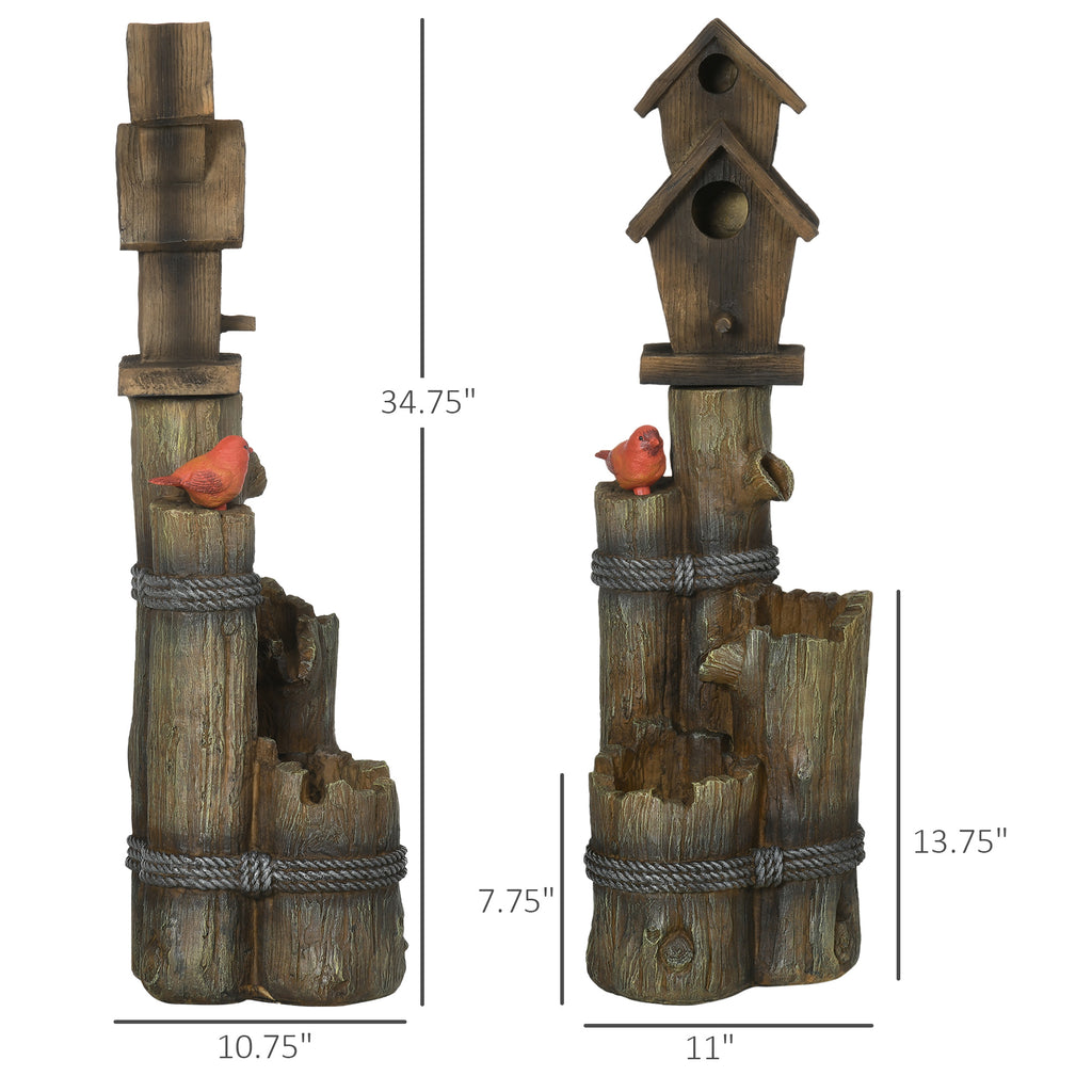 Rustic Log Fountain with 2 Birdhouses & LED Lights