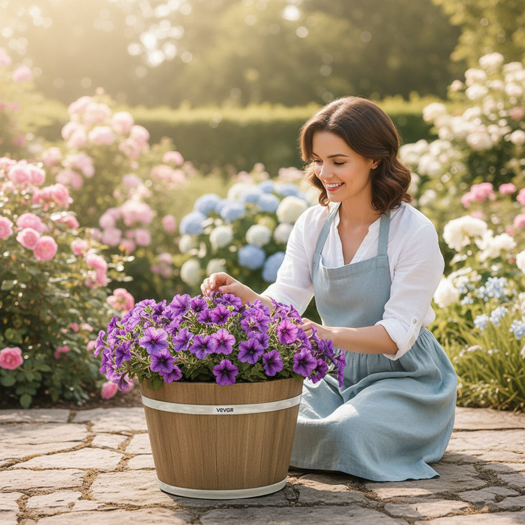 Woman in a garden tending to a potted plant