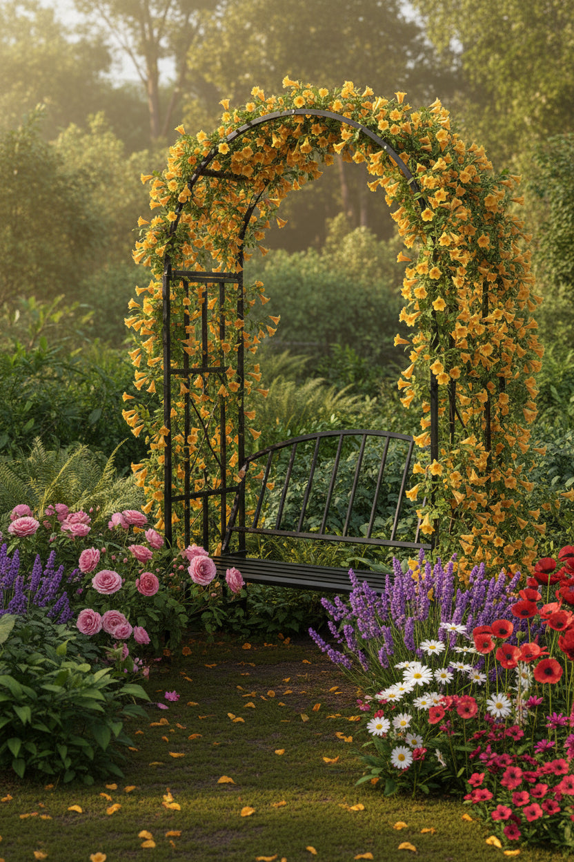 Black metal garden arch with bench with yellow bell flowers on a garden  background