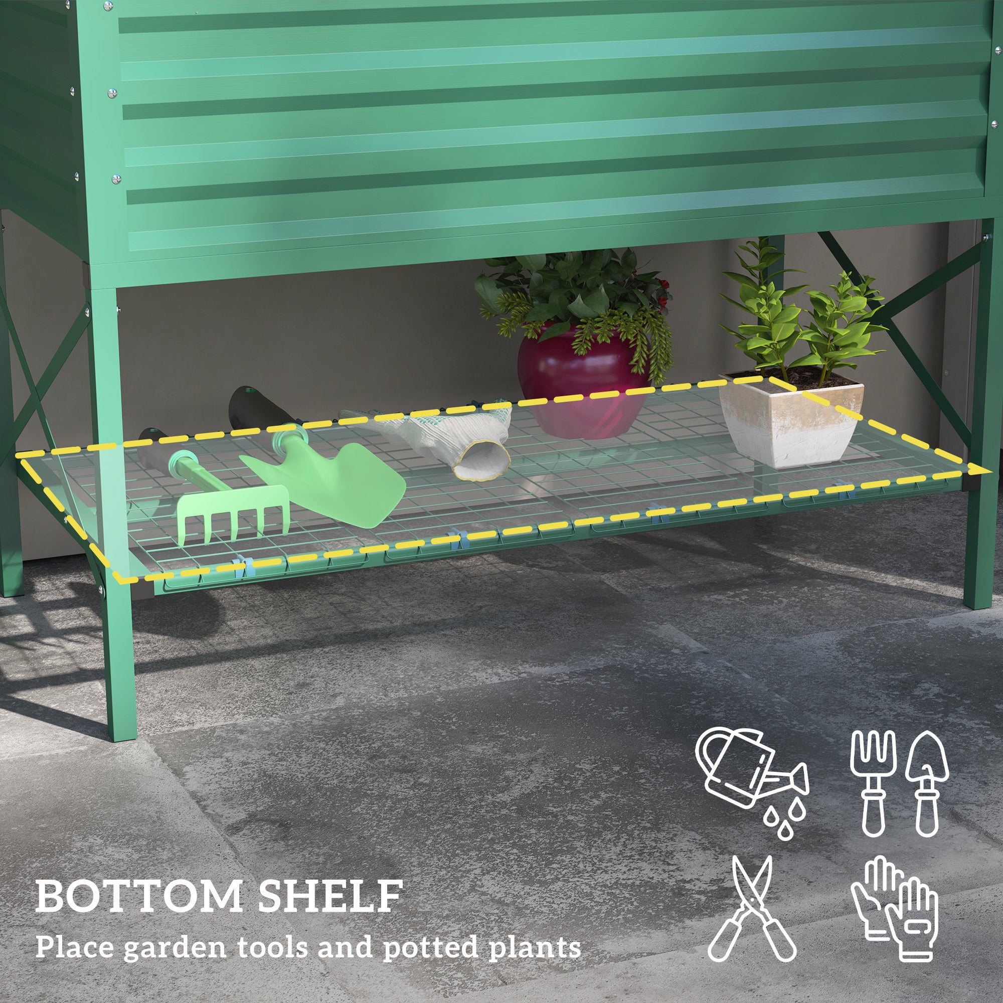 Galvanized Raised Garden Bed with Legs - with Storage Shelf - Green