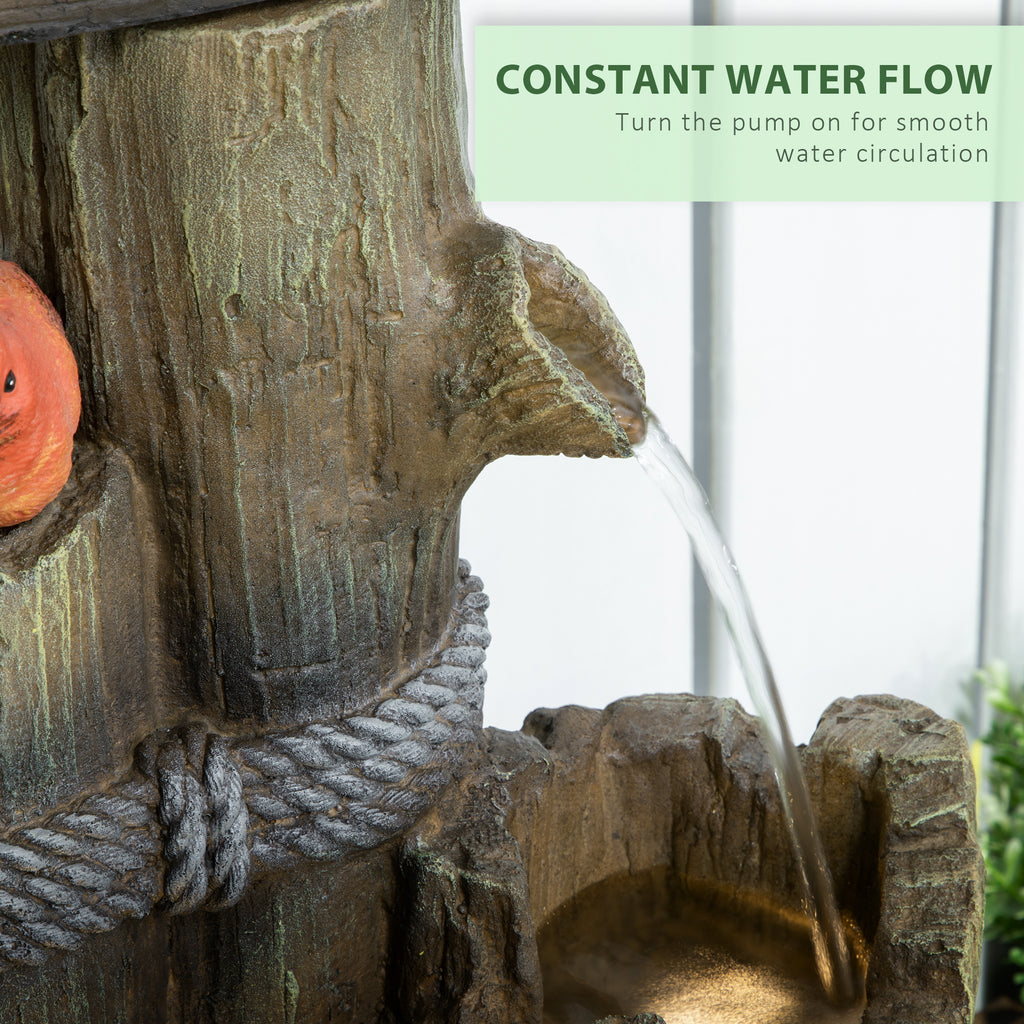 Rustic Log Fountain with 2 Birdhouses & LED Lights