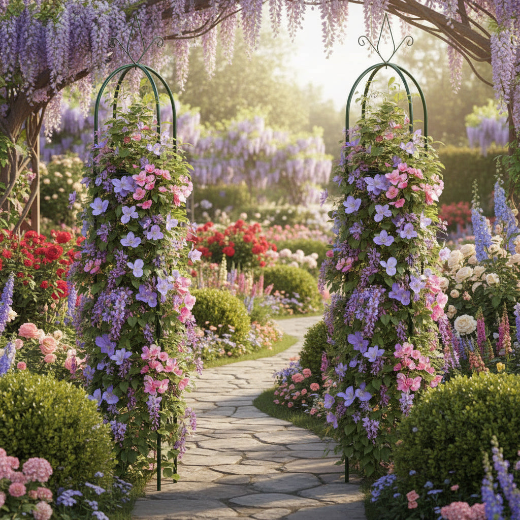 Decorative garden arch with floral climbing plants on a garden entrance Background 