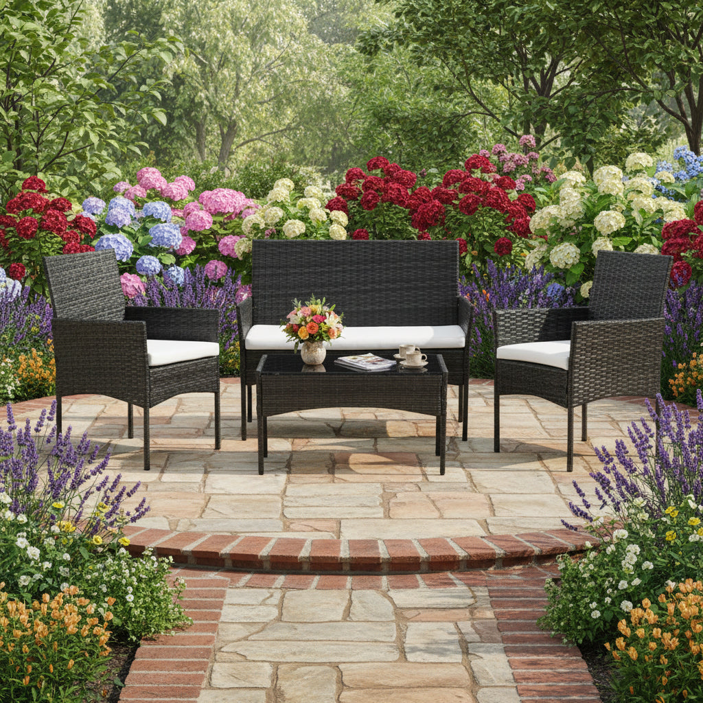 Outdoor furniture set with two chairs, a sofa, and a coffee table on a paved garden background