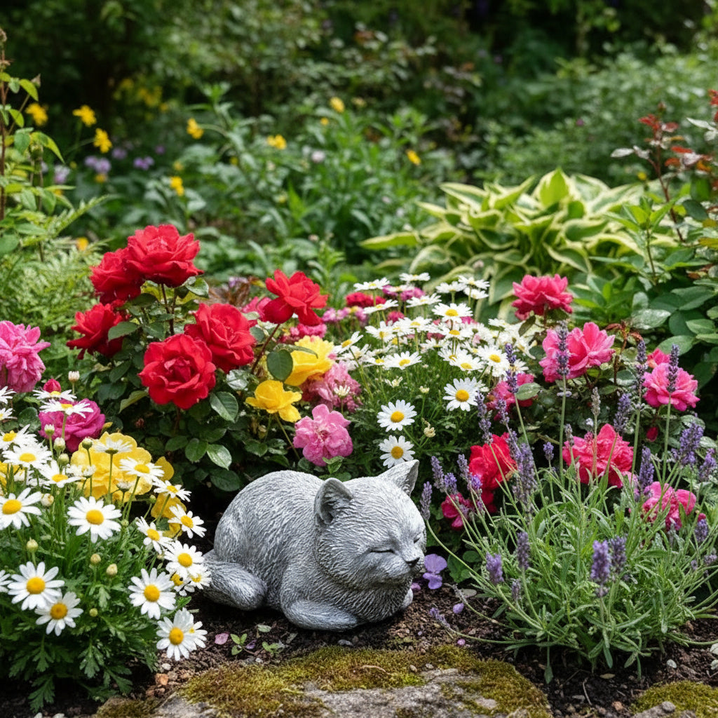Statue of a cat lying on a rock with  flower surroundings  in the background