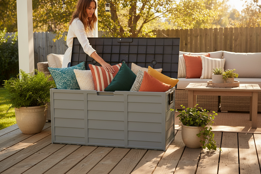 75-Gallon Outdoor Storage Deck Box - Weather Resistant with Wheels - Grey Natures Nook