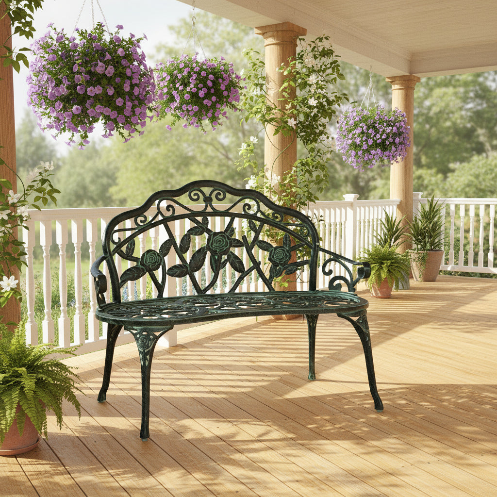 Decorative metal bench on a wooden deck with a wooden fence and plants in the background