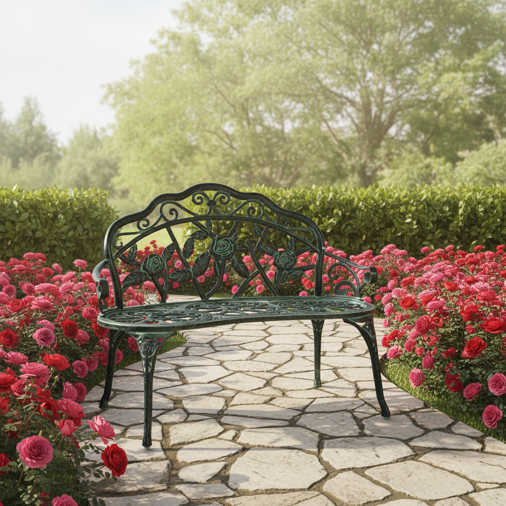 Antique Garden Bench with Floral Rose Design