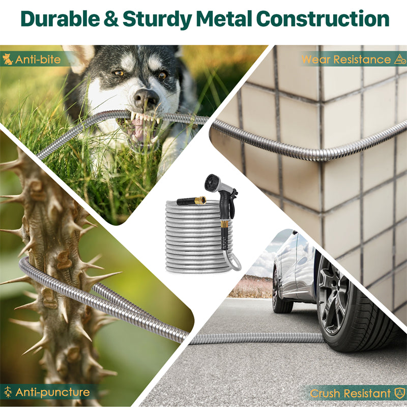 100ft Metal Garden Hose - Stainless Steel Kink-Free with 10-Pattern Spray Nozzle