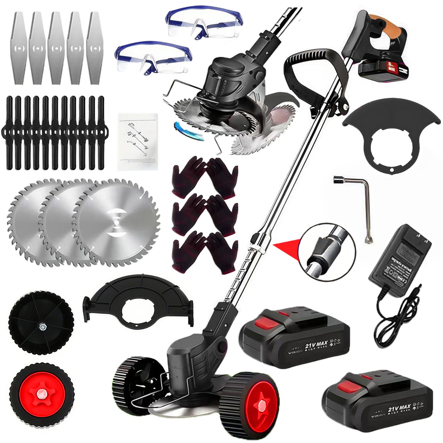 21V Cordless Weed Eater with Wheels - 3-in-1 String Trimmer & Edger with 2 Batteries