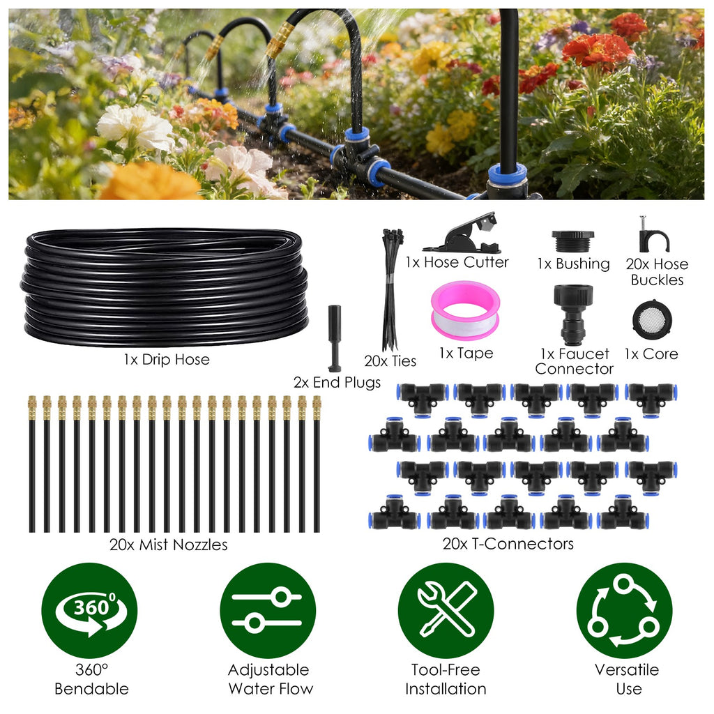 49ft 360° Automatic Drip Irrigation Kit with Misting Nozzles