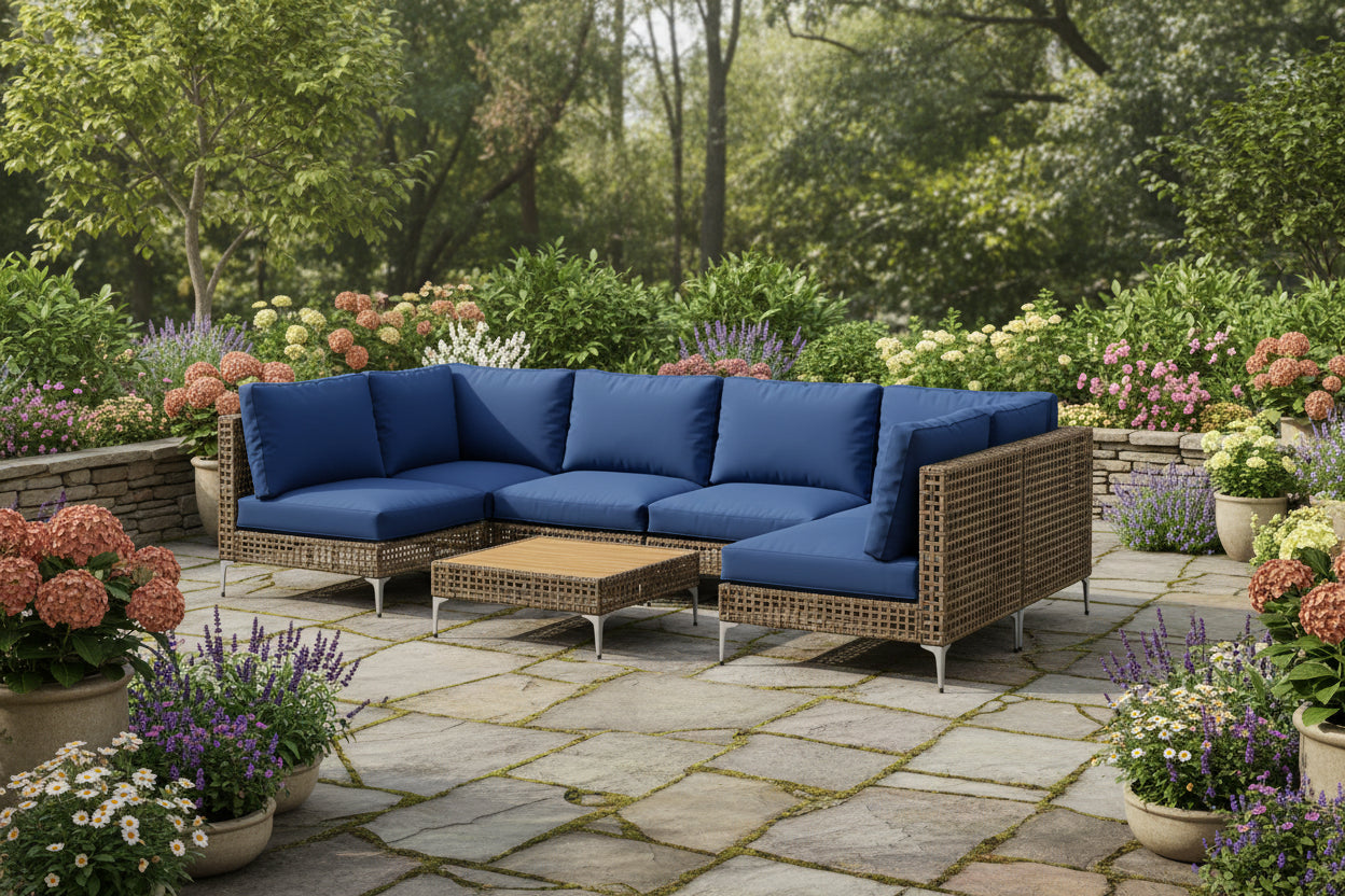 Sectional outdoor sofa with blue cushions and a wooden table on a garden background