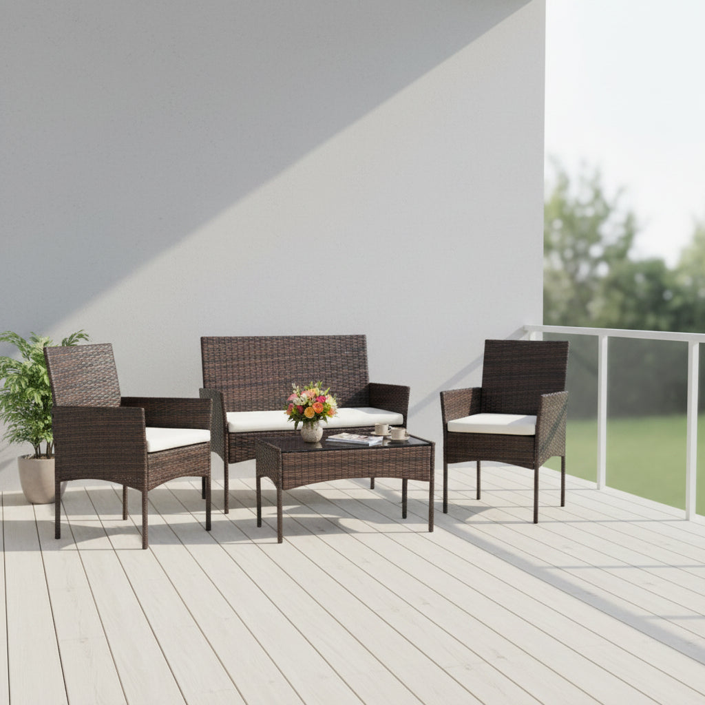 Outdoor furniture set with wicker chairs and a table on a minimalistic porch  background