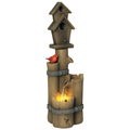 Rustic Log Fountain with 2 Birdhouses & LED Lights