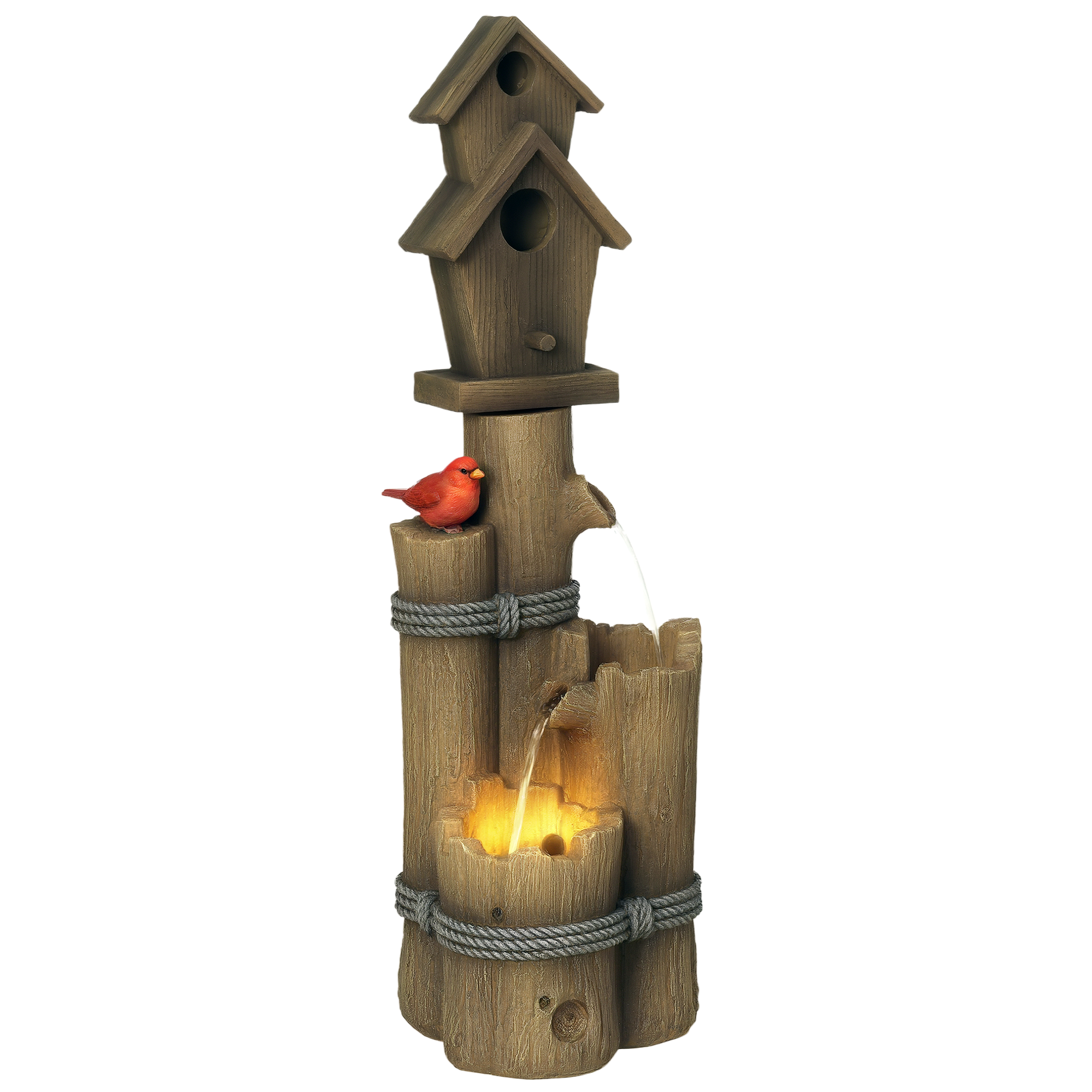Rustic Log Fountain with 2 Birdhouses & LED Lights
