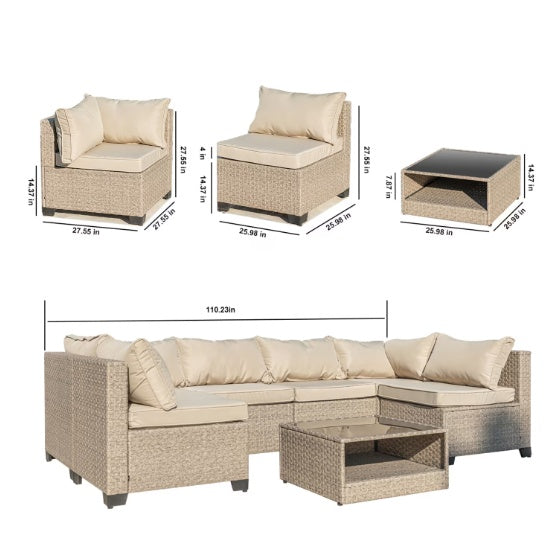 7-Piece All-Weather Patio Conversation Set - Modular Sofa with Waterproof Beige Cushions and Storage Table