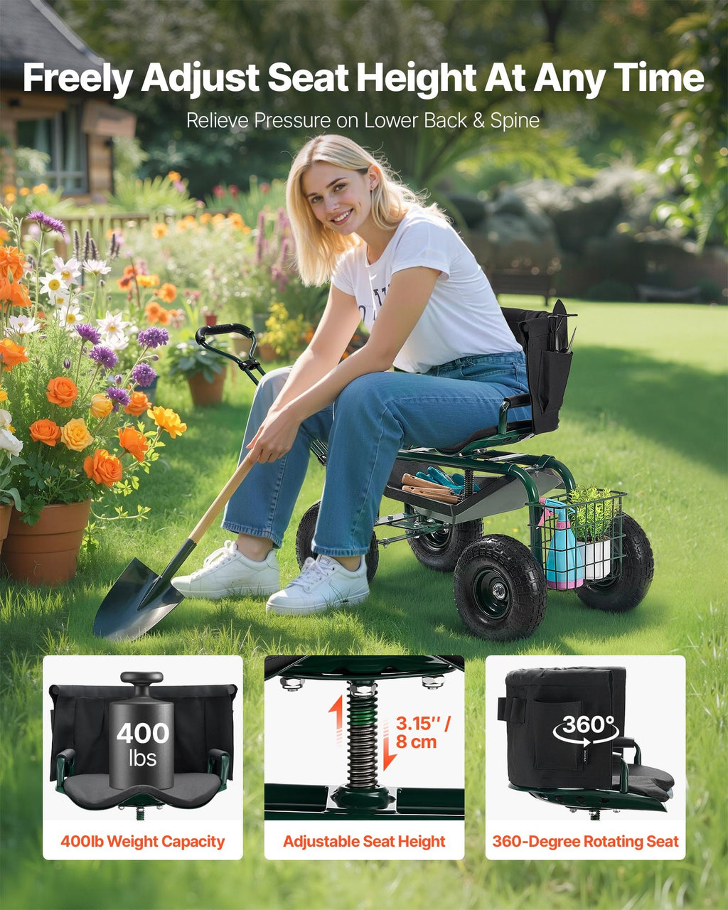 Rolling Garden Cart with Swivel Seat