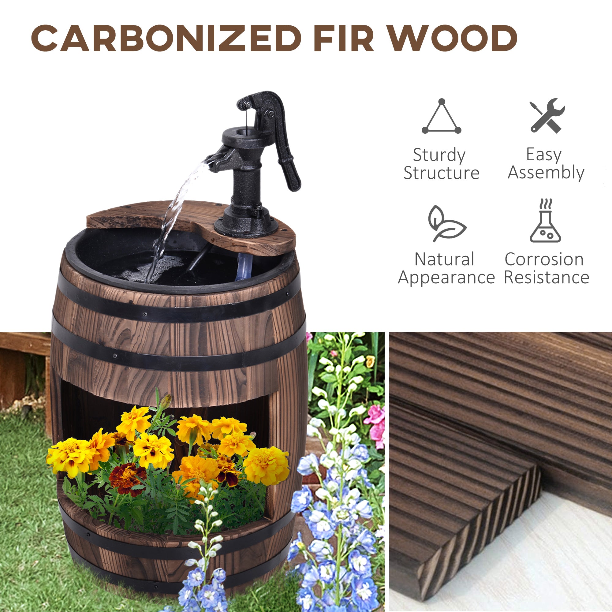 23" Rustic Apple Barrel Water Fountain - Outdoor Garden Decor with Hand Pump Design
