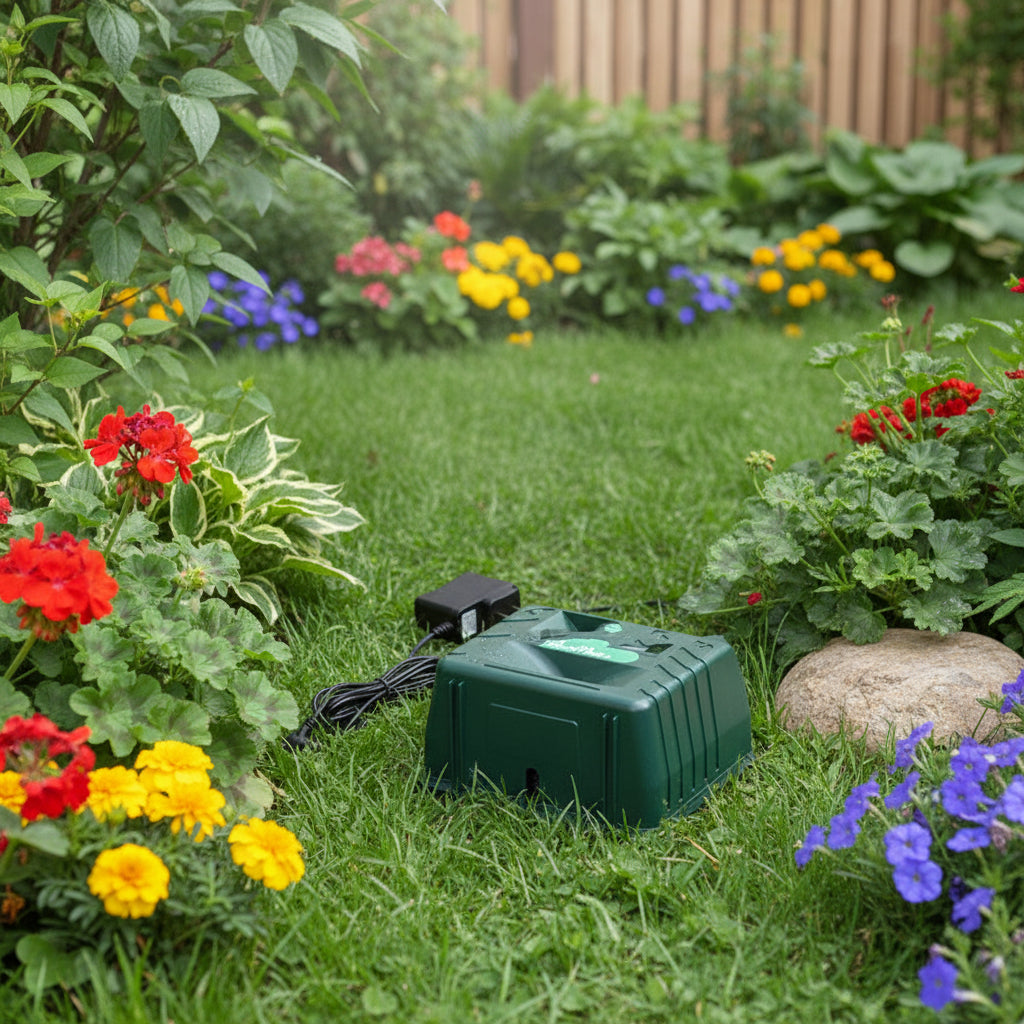 Green power adapter with cable on a garden background