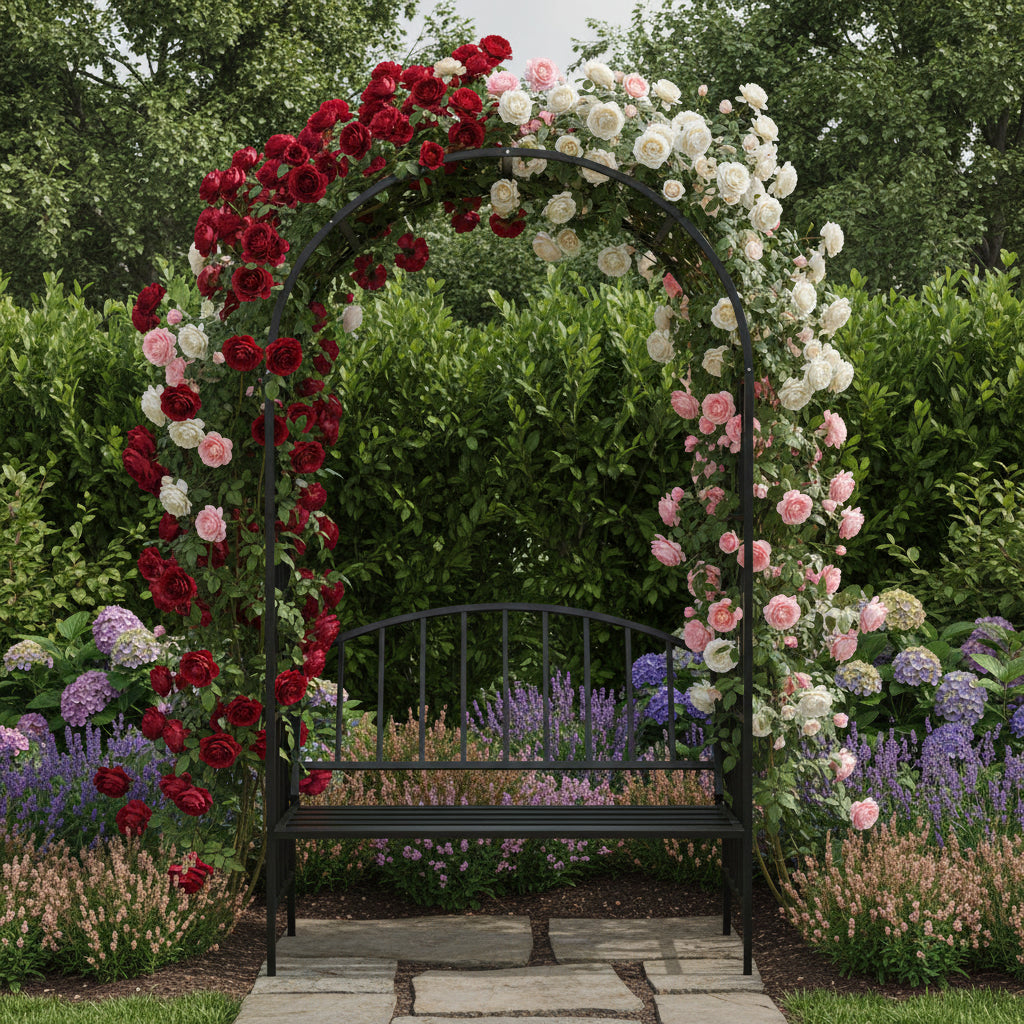 Garden Rose Arch with Bench – Metal Arbor