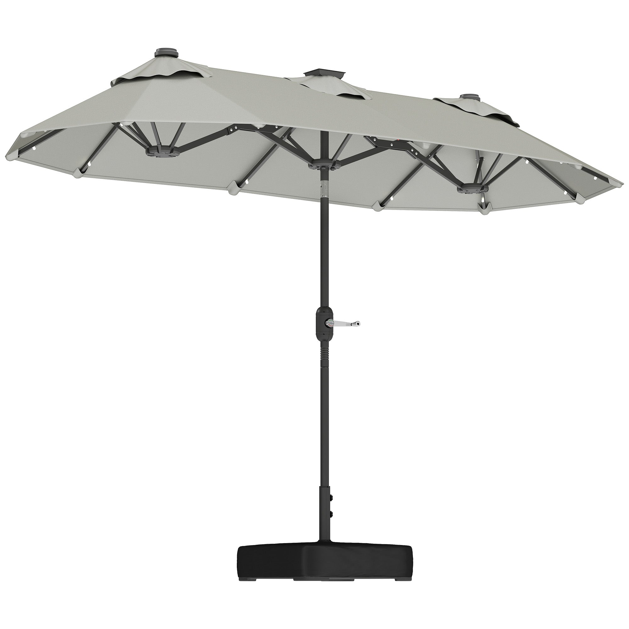 Double-Sided Patio Umbrella with Solar Lights & Base - 15ft Outdoor Market Umbrella, Gray