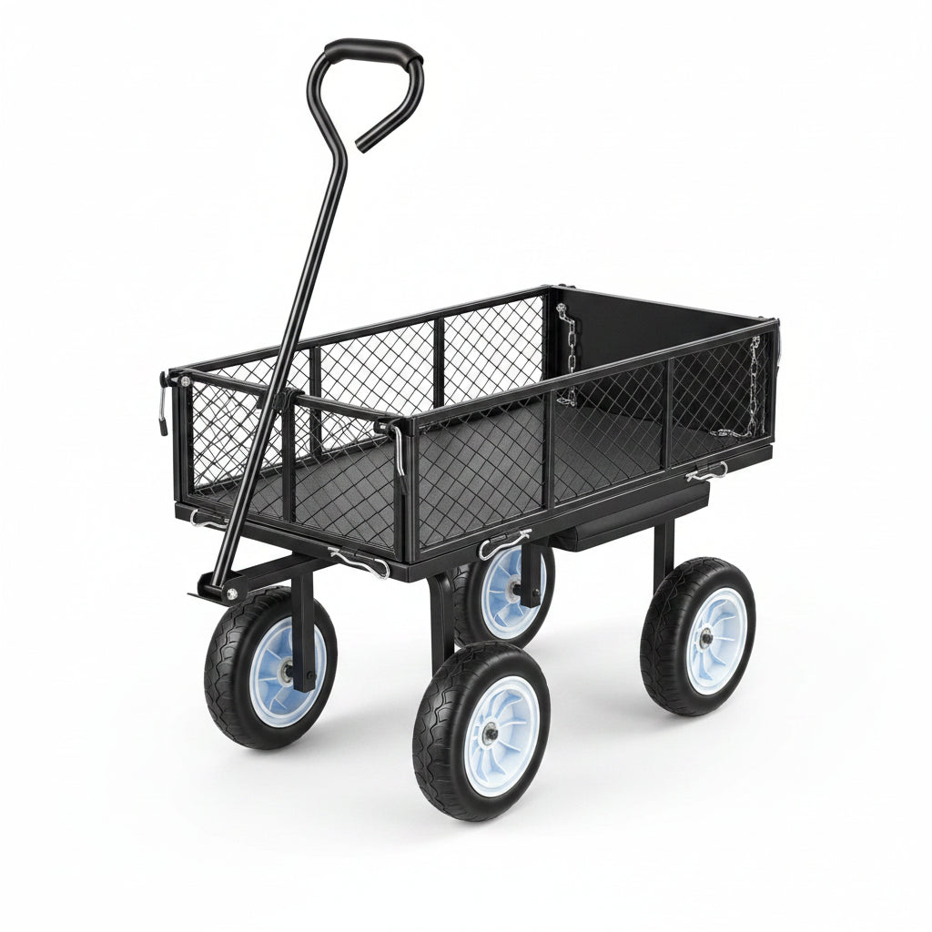 Rolling Garden Cart with Seat — 500 LB Heavy Duty Steel Wagon with Tool Tray