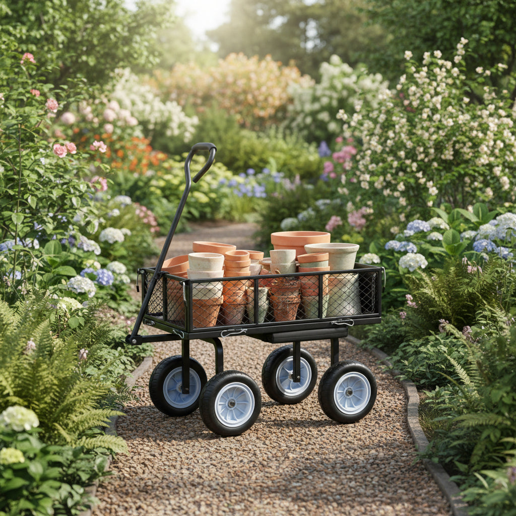  Garden cart  with pots on a garden  background