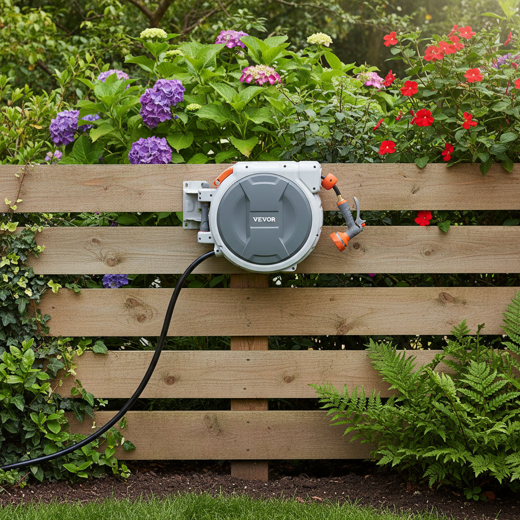 Retractable Garden Hose Reel — 100 Ft Wall Mounted with 9-Function Sprayer Nozzle Natures Nook