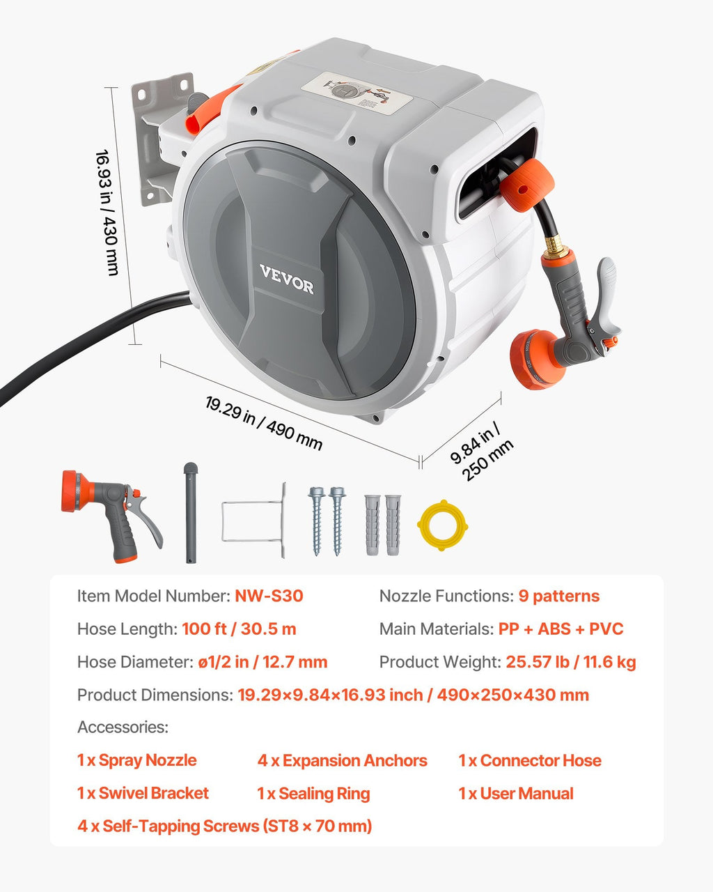 Retractable Garden Hose Reel — 100 Ft Wall Mounted with 9-Function Sprayer Nozzle Natures Nook