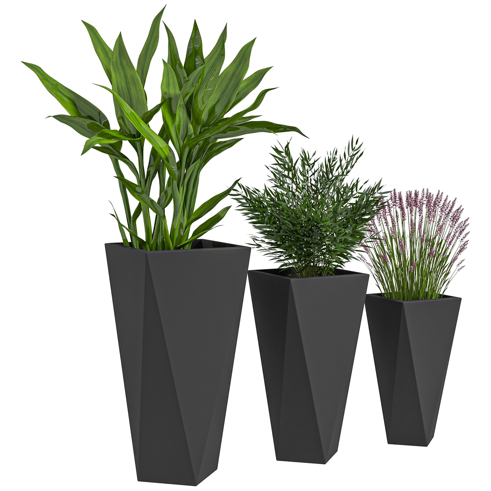 Set of 3 Tall Planters - Indoor Outdoor MgO Stackable Flower Pots with Drainage - Black