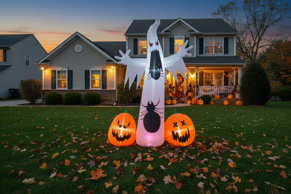 An inflatable Halloween yard decoration set displayed on a front lawn in front of a suburban house at dusk. The set includes a tall white ghost with black facial features and arms, a black spider figure on the front, and two glowing orange jack-o'-lantern pumpkins on the ground.