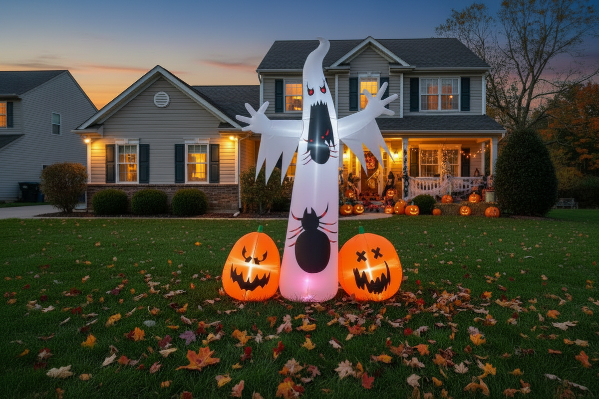 An inflatable Halloween yard decoration set displayed on a front lawn in front of a suburban house at dusk. The set includes a tall white ghost with black facial features and arms, a black spider figure on the front, and two glowing orange jack-o'-lantern pumpkins on the ground.
