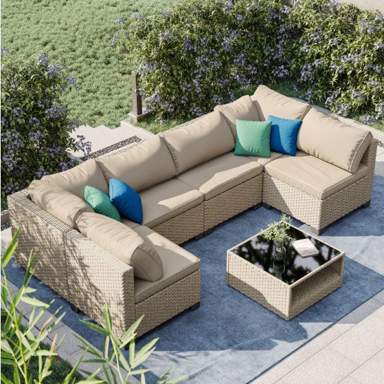 7-Piece All-Weather Patio Conversation Set - Modular Sofa with Waterproof Beige Cushions and Storage Table