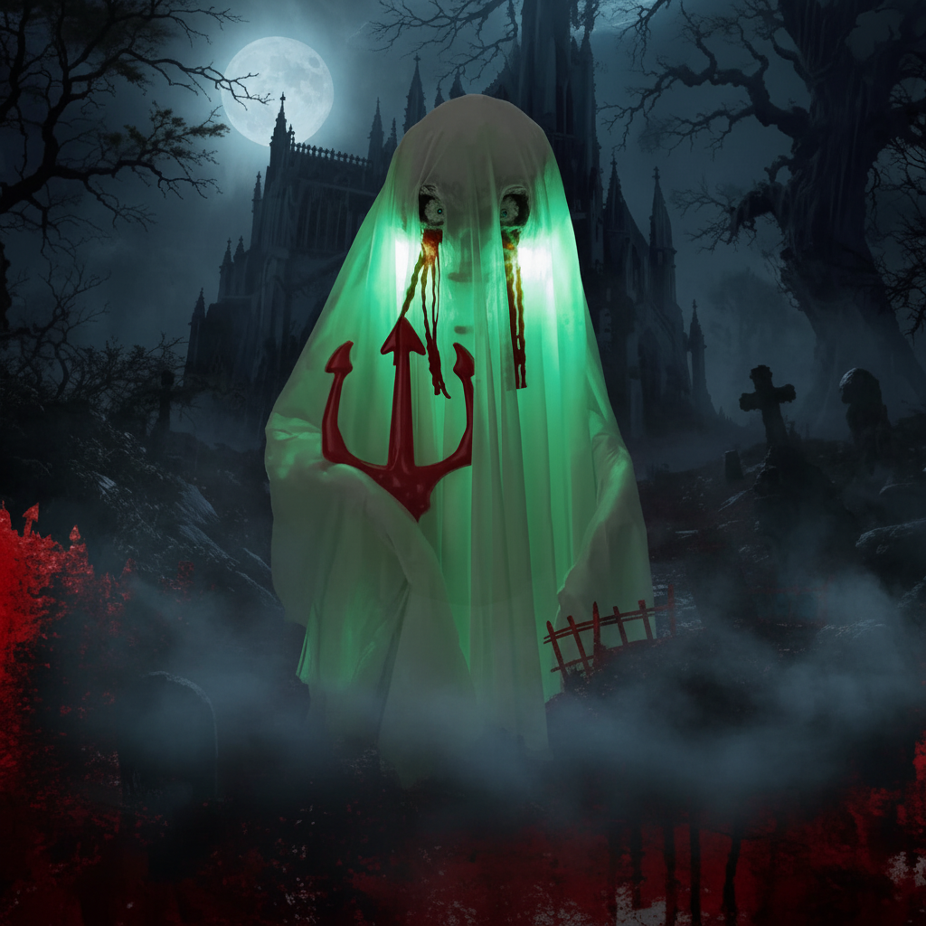 4.3ft Sound-Activated Animatronic Ghost with Trident & Green LED Lights Natures Nook