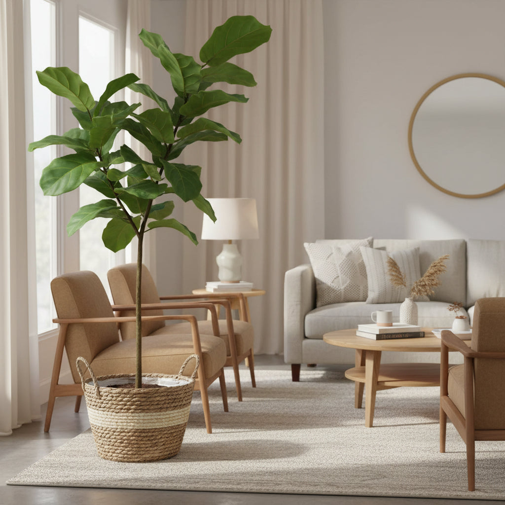 Woven basket with a plant on a Living room  background