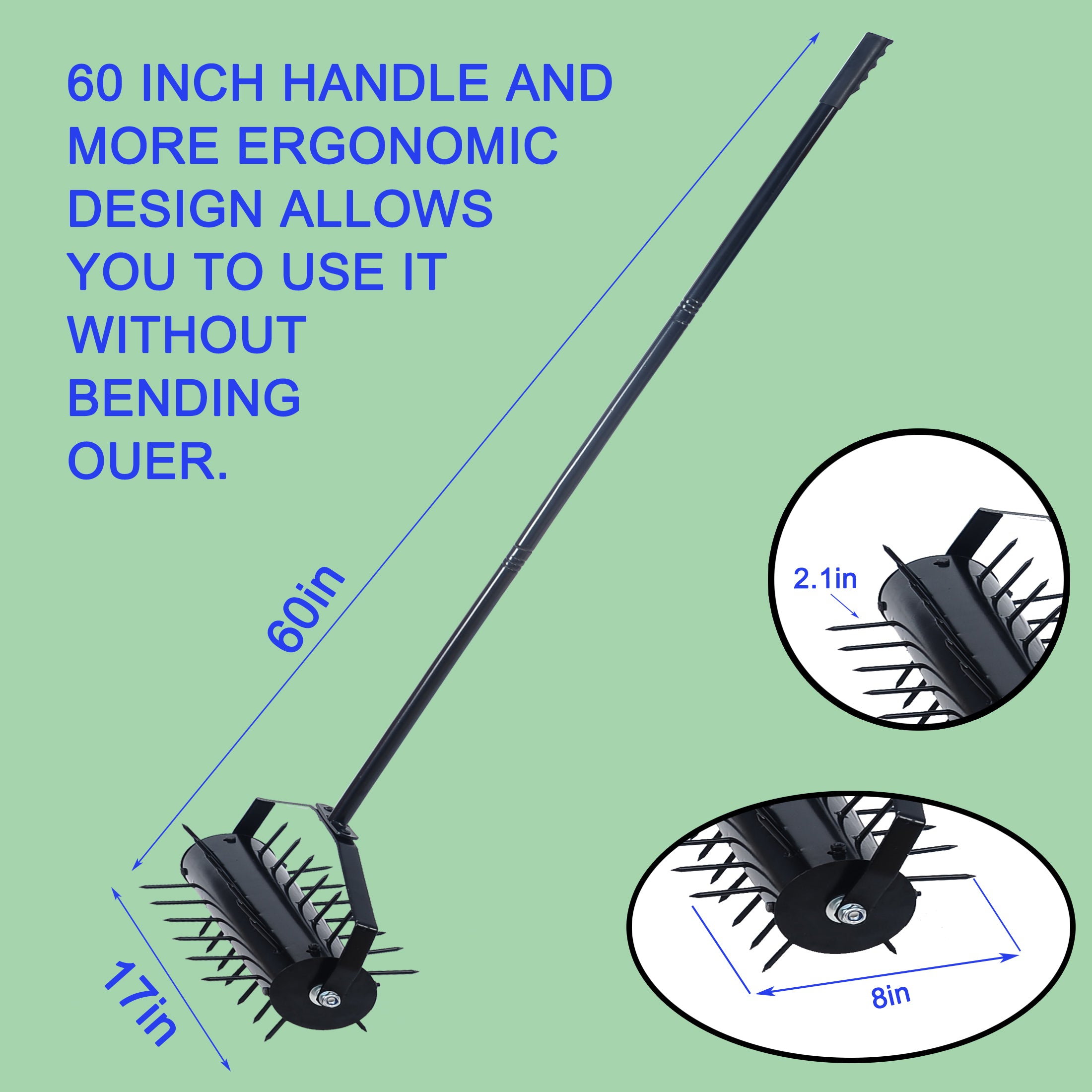58-Inch Rolling Lawn Aerator - Manual Push Tool for Healthier Grass
