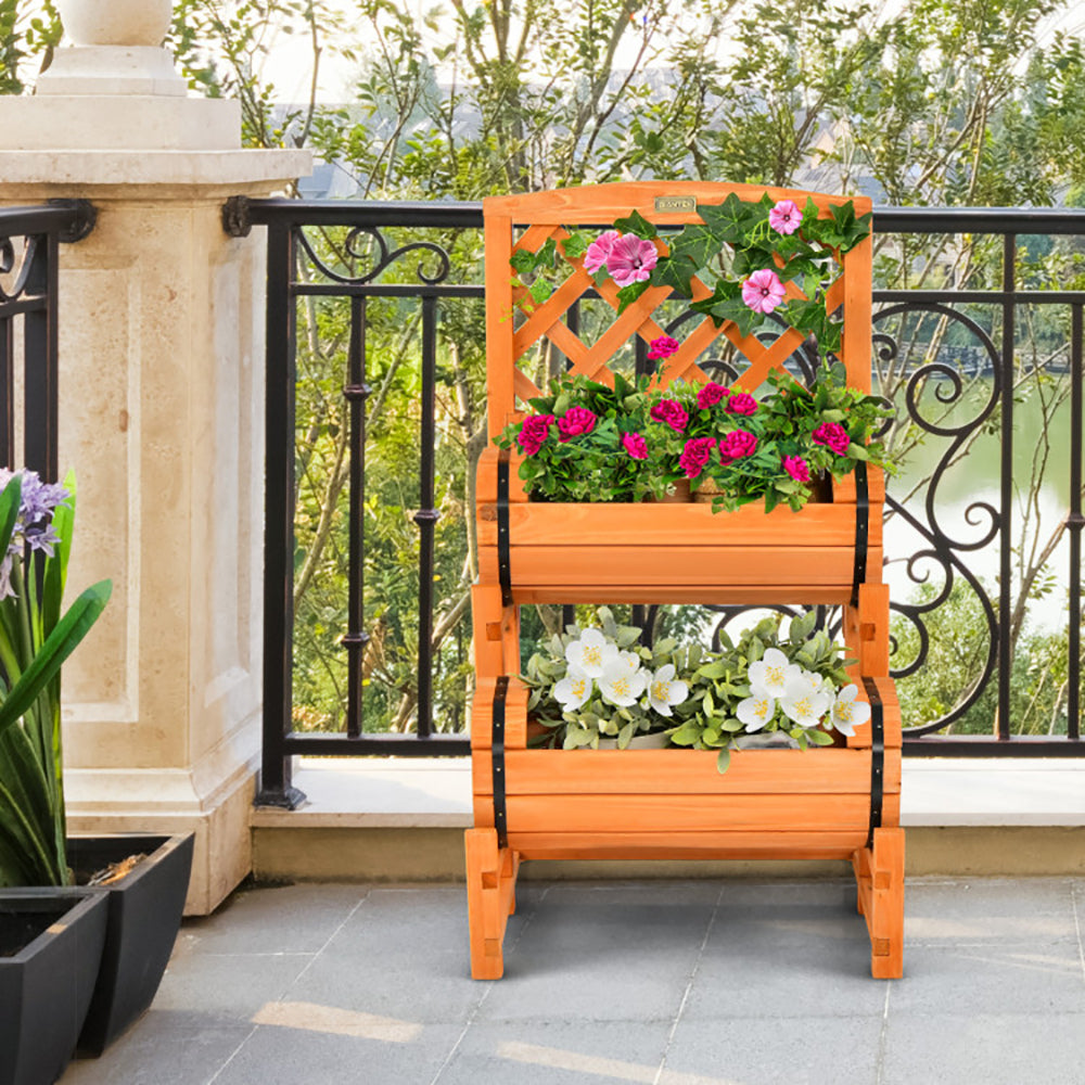 2-Tier Wooden Raised Garden Bed with Trellis - Orange