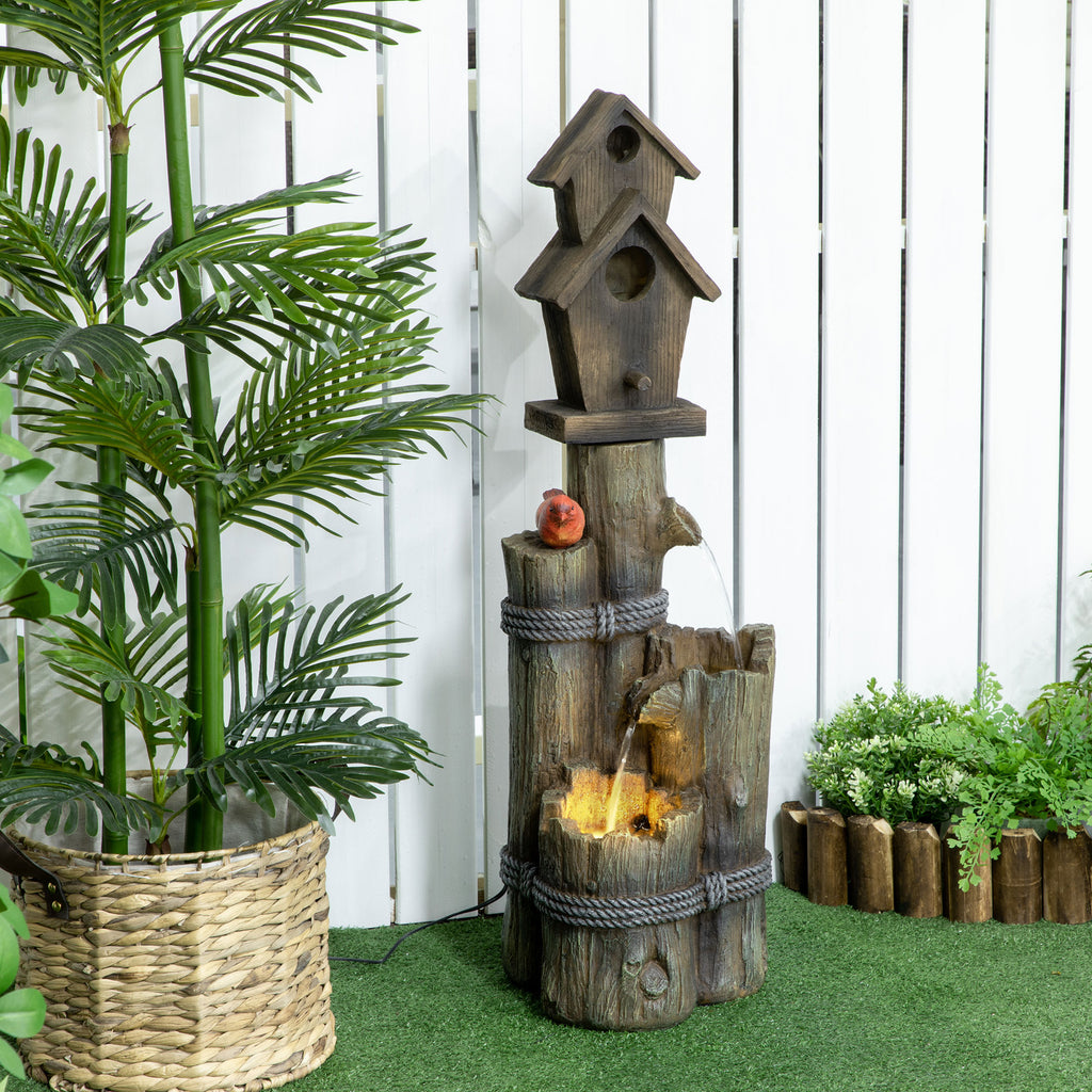 Rustic Log Fountain with 2 Birdhouses & LED Lights