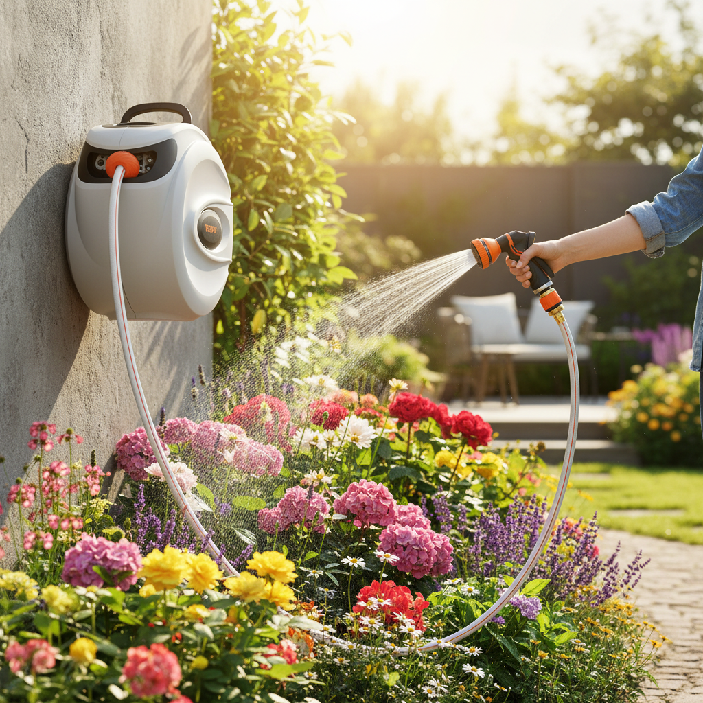 Grey wall-mounted retractable hose reel with person watering a lush flower garden in a sunny backyard