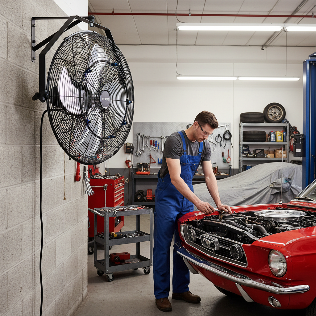 20-inch black industrial wall-mounted fan installed in a garage cooling a mechanic working on a car