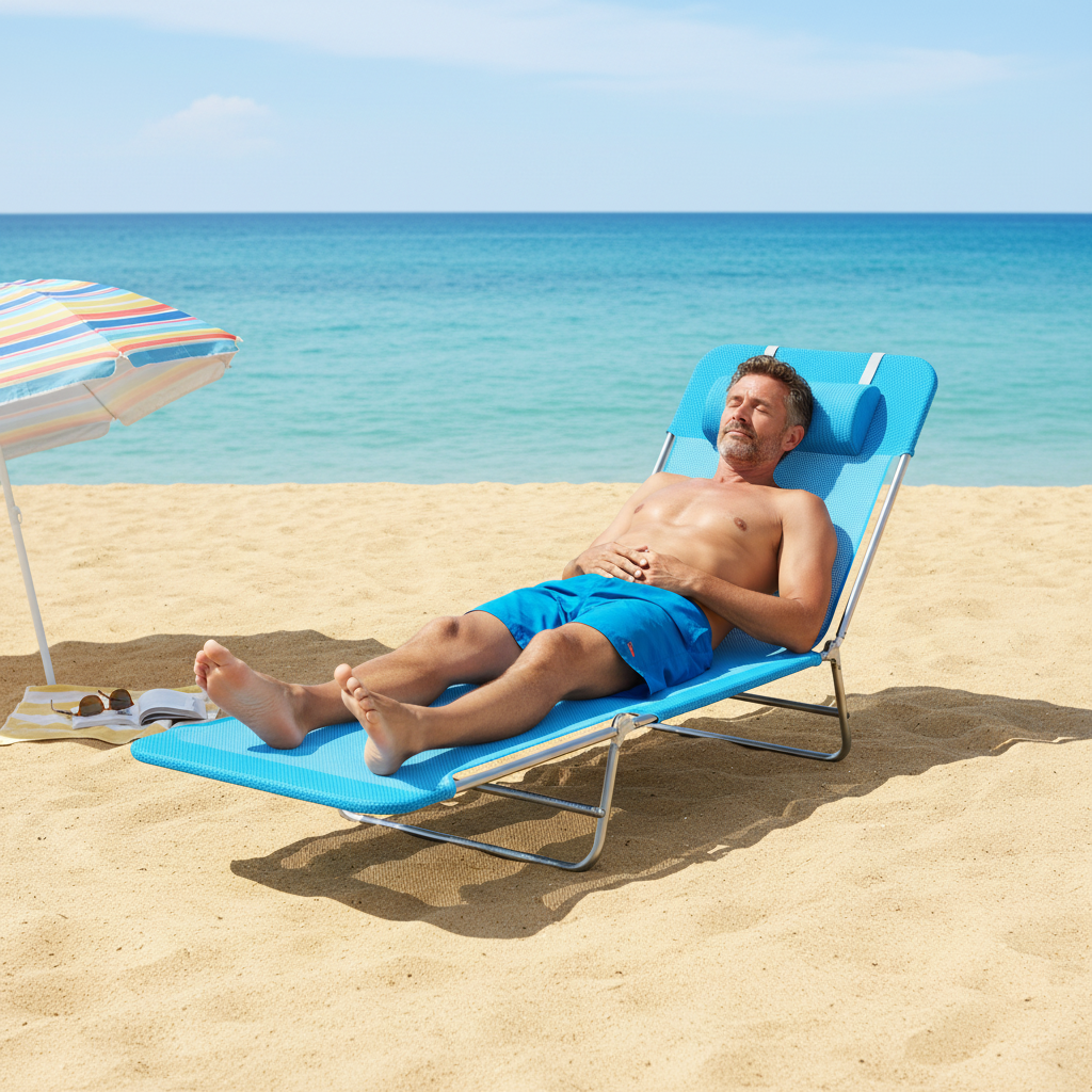Man sunbathing on blue folding reclining chaise lounge with silver steel frame on a sandy beach