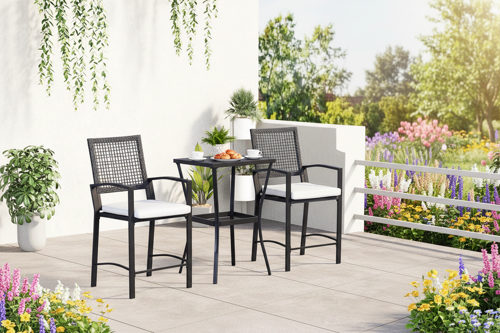3-piece black wicker bar set with cream cushioned barstools and slat table on a garden deck in the morning
