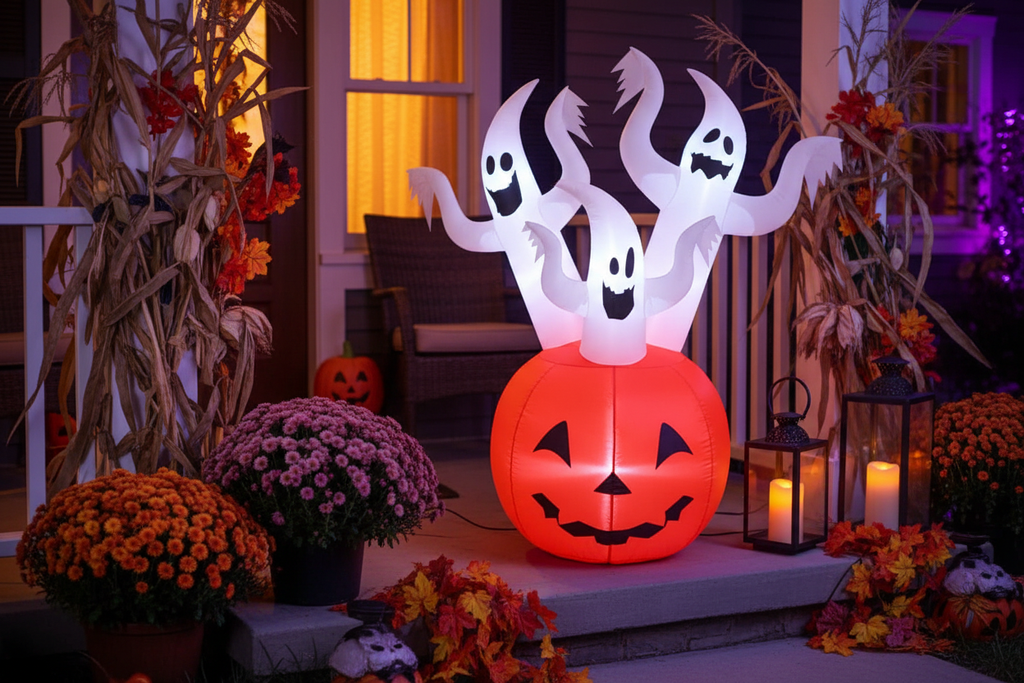 5.9ft Halloween pumpkin ghost inflatable with three glowing ghosts displayed on a front porch at dusk