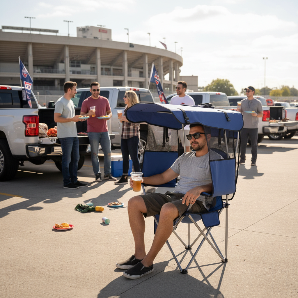 Man sitting on deep blue folding camping chair with canopy shade at a tailgate party in a stadium parking lot