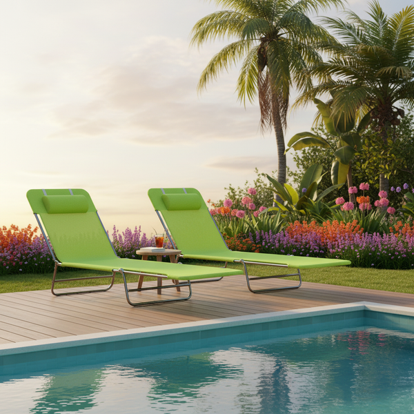 Two lime green folding chaise lounge chairs with silver steel frames on a patio deck next to a pool at golden hour