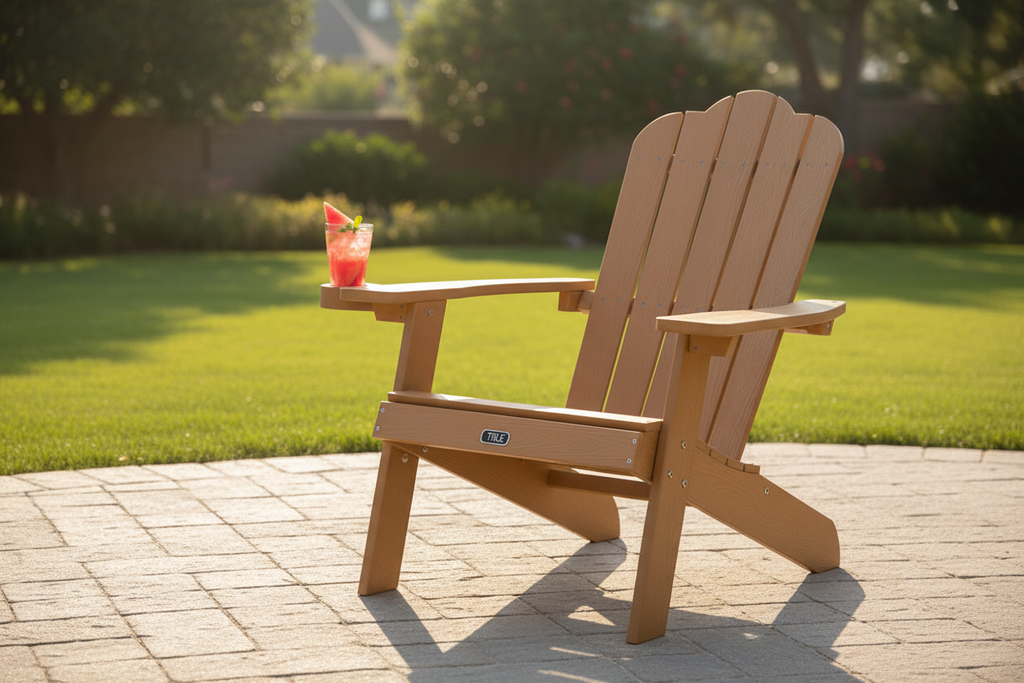 Brown all-weather Adirondack chair with built-in cup holder on a sunny backyard patio